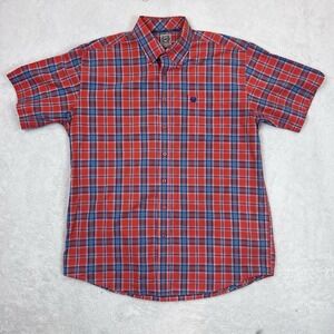 Cinch Western‎ Shirt Mens Large Plaid Orange Blue Short Sleeve Button Up Rodeo